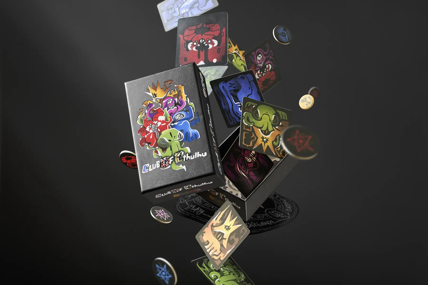 Club Of Cthulhu box, cards, and tokens suspended over a ritual circle